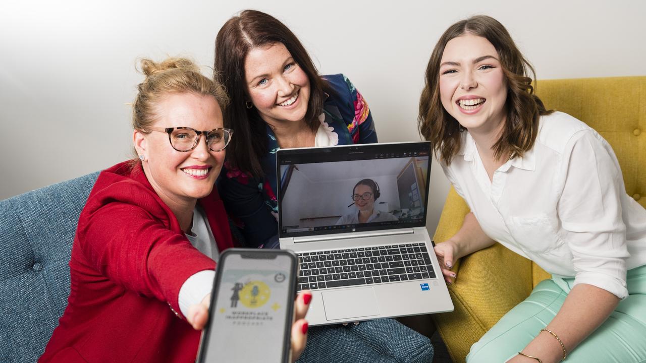 HR professionals Workforce Positive are the team behind the Workplace Inappropriate podcast (from left) Megan Carige, Kearin Lowry and Kate Owen, with Zoe Grahl on the laptop. Picture: Kevin Farmer