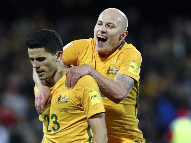 SOCCER - Socceroos v Saudi Arabia - World Cup qualifier at Adelaide Oval. Tomas Rogic gets third goal. Aaron Mooy celebrates with him. Picture Sarah Reed.