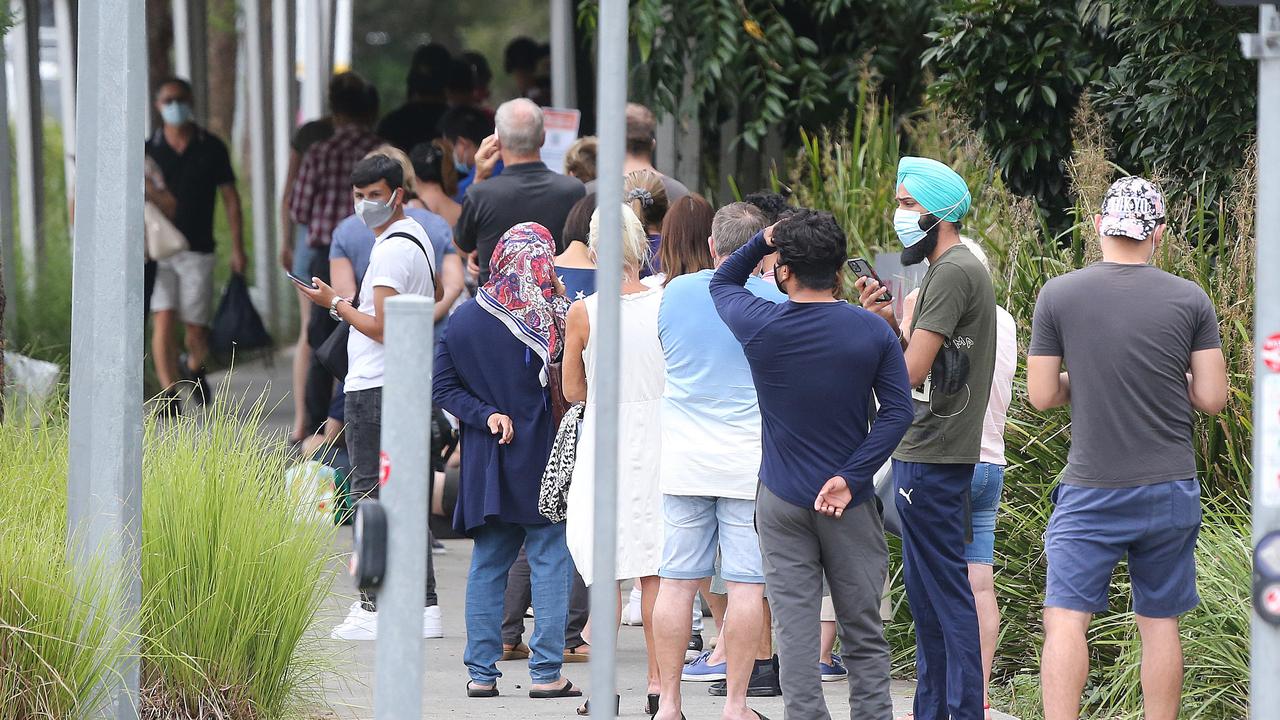 Residents wait in the Covid testing queue next to the Gold Coast University Hospital at Parkwood. Picture: Mike Batterham