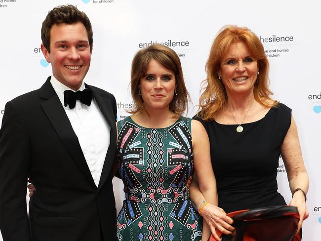 Princess Eugenie (centre) with fiancee Jack Brooksbank and mother Sarah Ferguson, Duchess of York. Picture: Getty