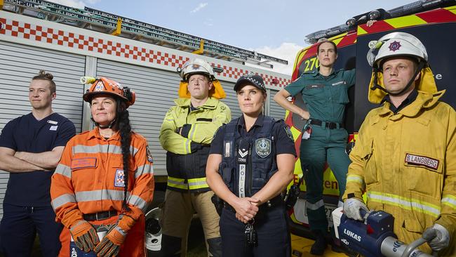 Registered nurse Dylan Hogan, MFS firefighter Josh Byerlee, rescue specialist Kerren Morriss-Black, police officer Kate Dawson, paramedic Isobel Cameron and CFS firefighter Ben Langberg at Victoria Park. Picture: Matt Loxton