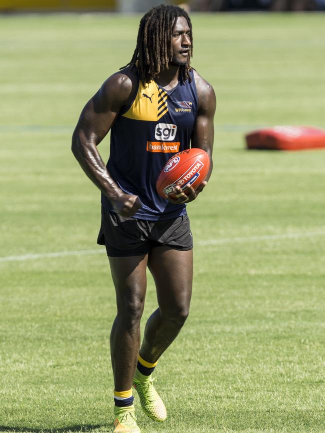 West Coast Eagles players during an open training session at Subiaco Oval on Wednesday. Pictured is Nic Naitanui, who has put on some muscle during the off-season. Picture: Matthew Poon