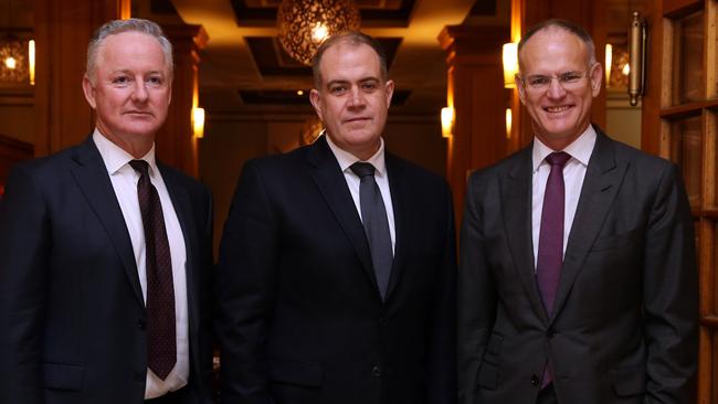 Nine CEO Hugh Marks, left, with ABC Managing Director David Anderson, centre, and News Corp Australasia Executive Chairman Michael Miller at the press freedom inquiry today. Picture: Jane Dempster