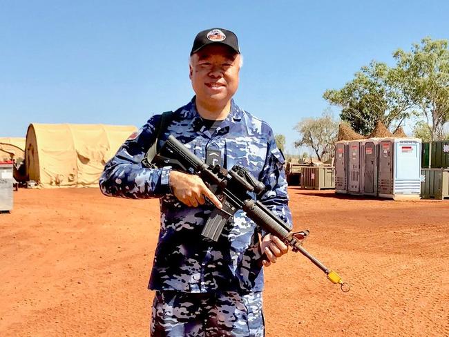 Liberal MP Ian Goodenough on sentry duty today at Batchelor Airfield as part of the Australian Defence Force Parliamentary Program. Source: Twitter