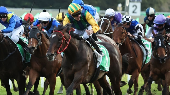 Ceolwulf storms home to victory in the Epsom Handicap at Randwick on Saturday. Photo: Jeremy Ng/Getty Images.