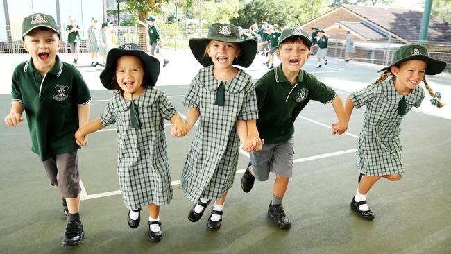 Kindergarten students (from left) Kurtley, Jessica, Violet, Jett and Lucy enjoy an outdoor moment at Mona Vale Public School. Picture: Tim Hunter