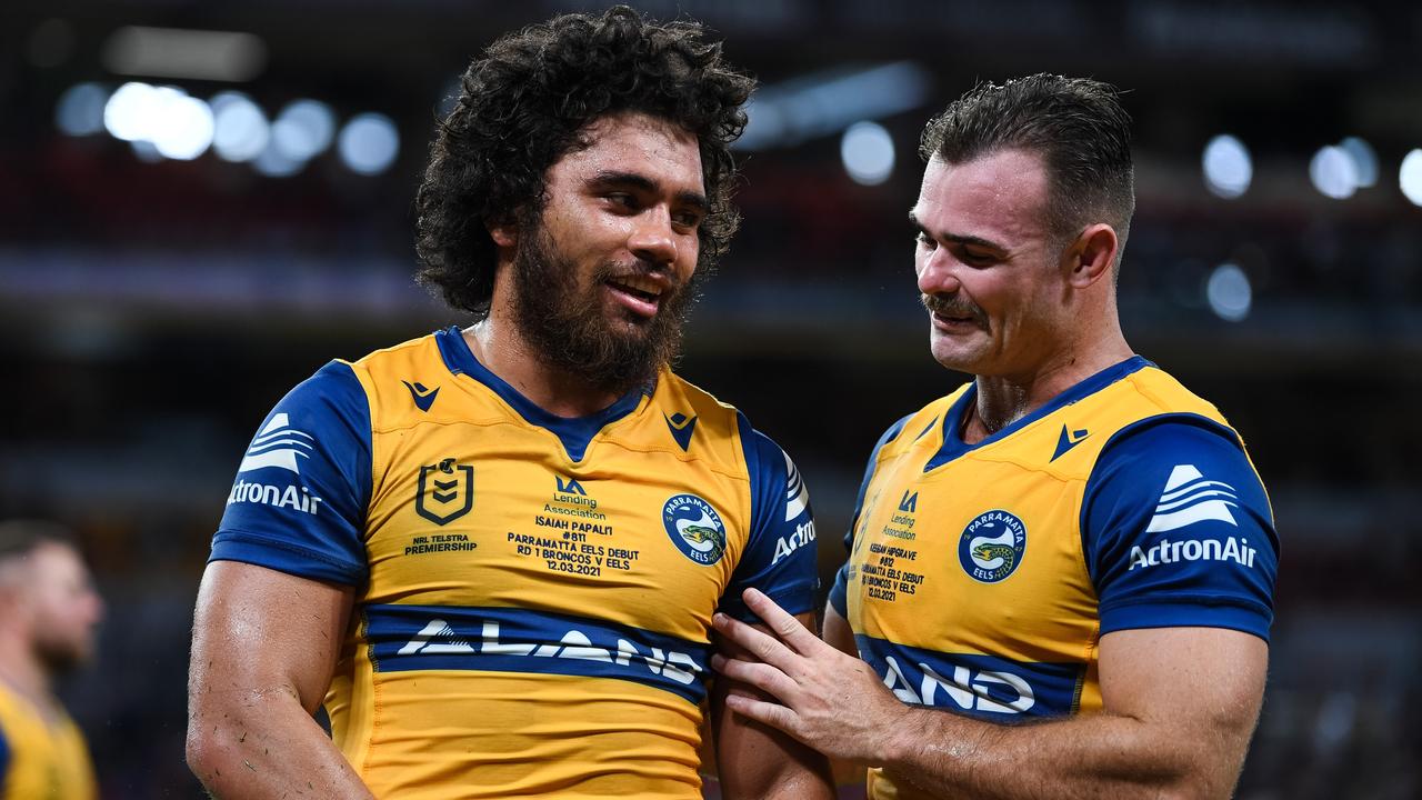 Papali’i with teammate Keegan Hipgrave after beating Brisbane in round one. Nathan Hopkins, NRL Photos