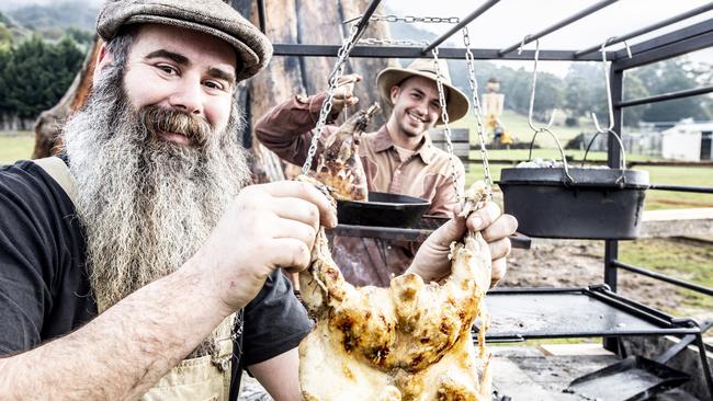 Jimi Anderson of Season and Fire with Ned Long of Wildgrove Farm Kitchen testing out the BBQ. Picture: EDDIE SAFARIK