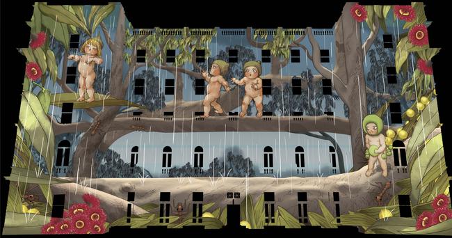 An artist’s impression of Vivid Sydney’s Snugglepot and Cuddlepie at Customs House. Picture: Ample Projects