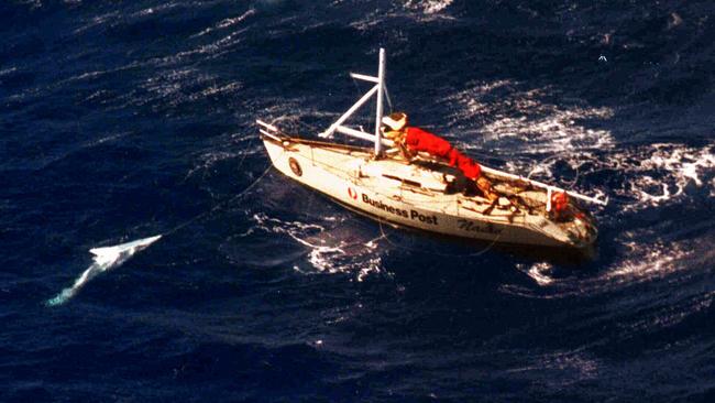 Yacht Business Post Naiad flounders in heavy swell 45 nautical miles off the coast of Merimbula during the 1998 Sydney to Hobart race.