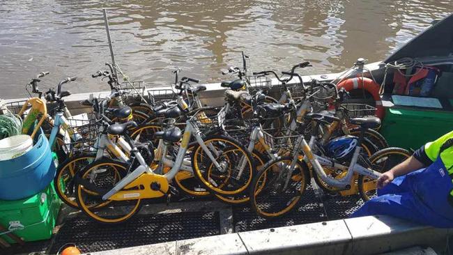 oBikes fished out of Melbourne’s Yarra River. Picture: Facebook