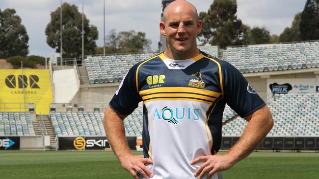 Brumbies and Wallabies captain Steven Moore wearing the new Aquis Brumbies jersey at GIO Stadium.