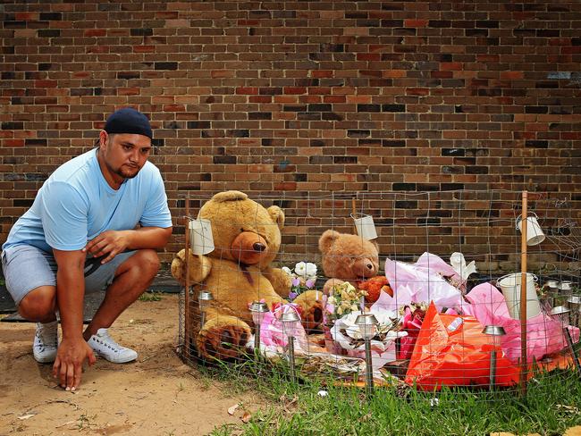 Topaz Hunia pictured near the memorial set up for his daughter Tateolena Tauaifaga. Picture: Sam Ruttyn