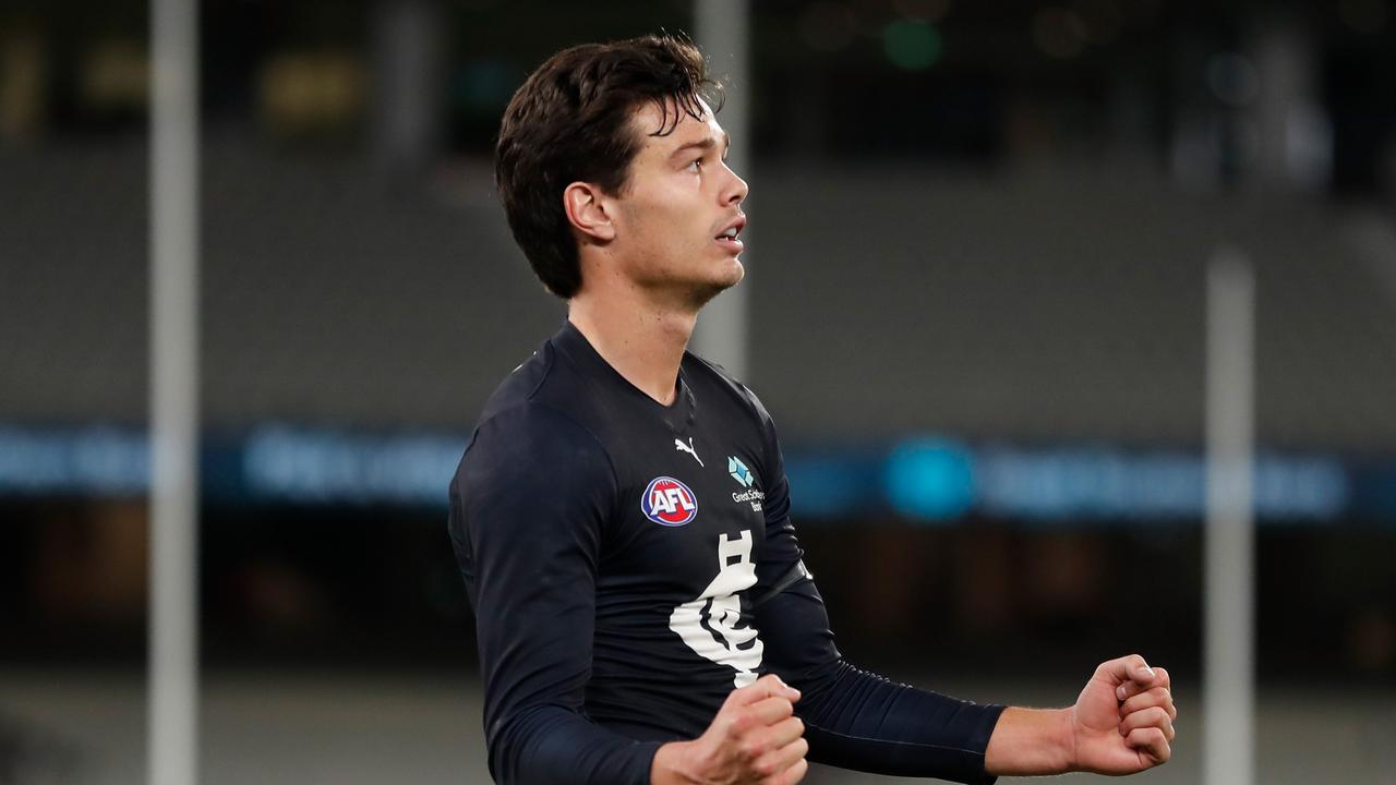 Jack Silvagni celebrates as the final siren sounds. Picture: Getty Images