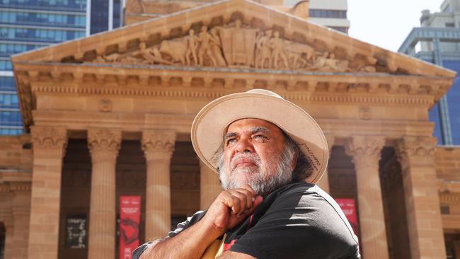 Aboriginal rights activist and academic Sam Watson is calling on Brisbane City Council to remove a racist sculpture above the door of City Hall. Picture: AAP Image/Claudia Baxter