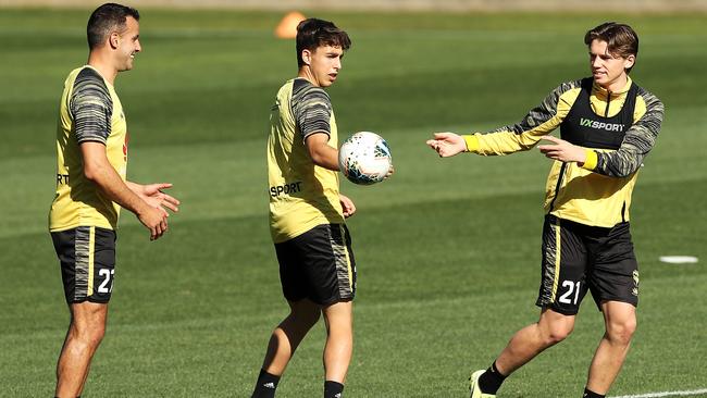 Wellington Phoenix players during a training session at their Sydney base on Tuesday