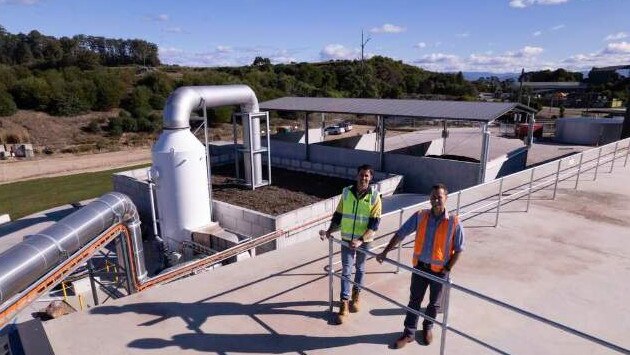 Soilco operations manager Mark Emery and acting project and operations officer Wes Knight inspect the new Organics Processing Facility at Stotts Creek.