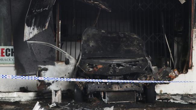 For the second time in two days a tobacco shop in Altona has been fire bombed. This time using a car to ram the front door. Friday, January 12. 2024. Picture: David Crosling