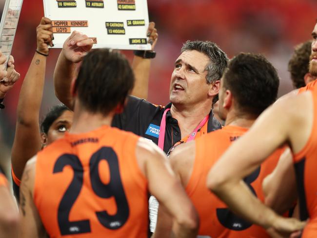 SYDNEY, AUSTRALIA - APRIL 06: Giants coach Leon Cameron speaks to players at three quarter time during the round three AFL match between the Greater Western Sydney Giants and the Richmond Tigers at GIANTS Stadium on April 06, 2019 in Sydney, Australia. (Photo by Matt King/AFL Photos/Getty Images)