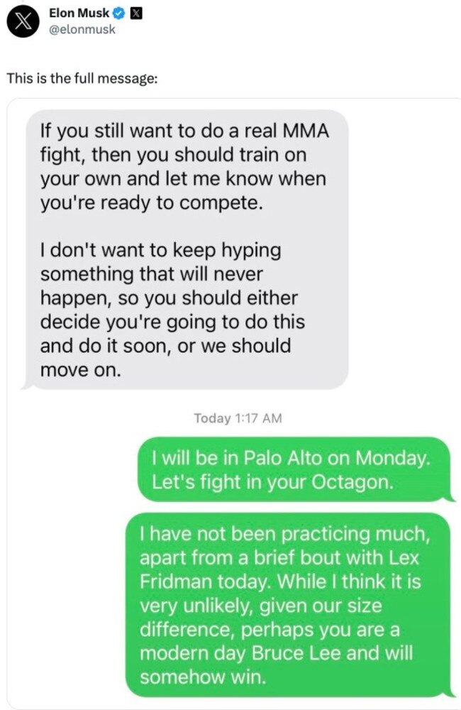 Musk shared a screenshot of his supposed messages with Zuckerberg. Picture: Twitter / Elon Musk