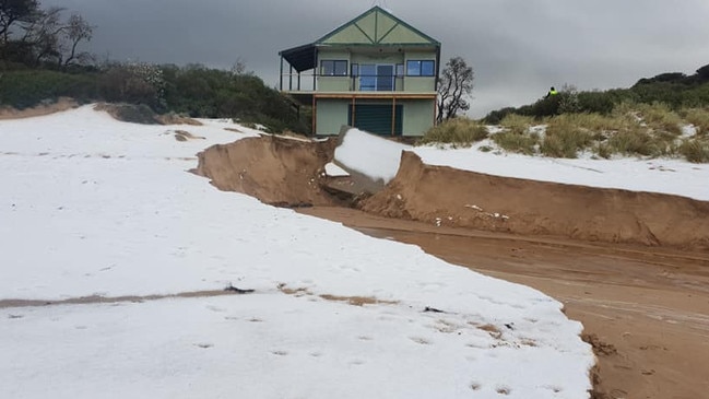 Hail around the Wonthaggi surf life saving club. Picture: Facebook