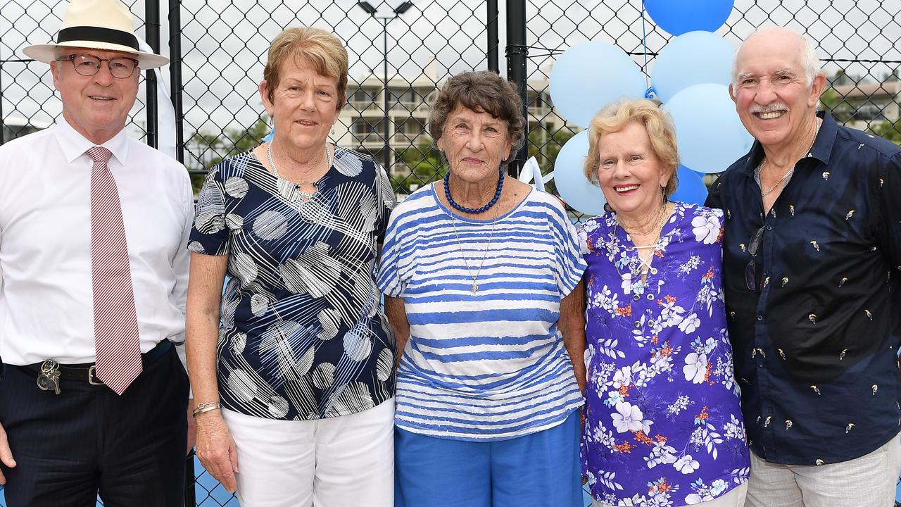 Eric Smith (right) pictured with Mayor Mark Jamieson, Narelle Pearce, Shirley Wallace and Jane Henry at the Maroochydore Tennis Club at its reopening following an upgrade in 2020. Photo Patrick Woods / Sunshine Coast Daily.