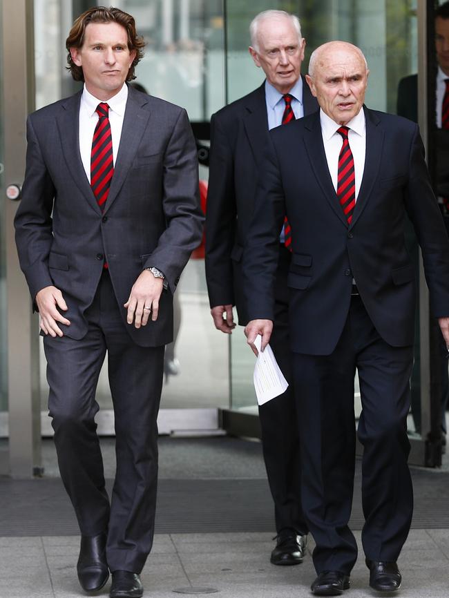 Then-Essendon chairman Paul Little and coach James Hird leave the Federal Court. Picture: Michael Klein