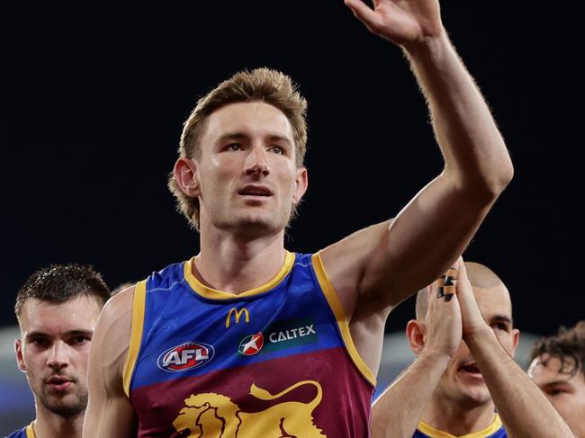 BRISBANE, AUSTRALIA - SEPTEMBER 07: Harris Andrews of the Lions waves to fans following the 2024 AFL First Elimination Final match between the Brisbane Lions and the Carlton Blues at The Gabba on September 07, 2024 in Brisbane, Australia. (Photo by Russell Freeman/AFL Photos via Getty Images)