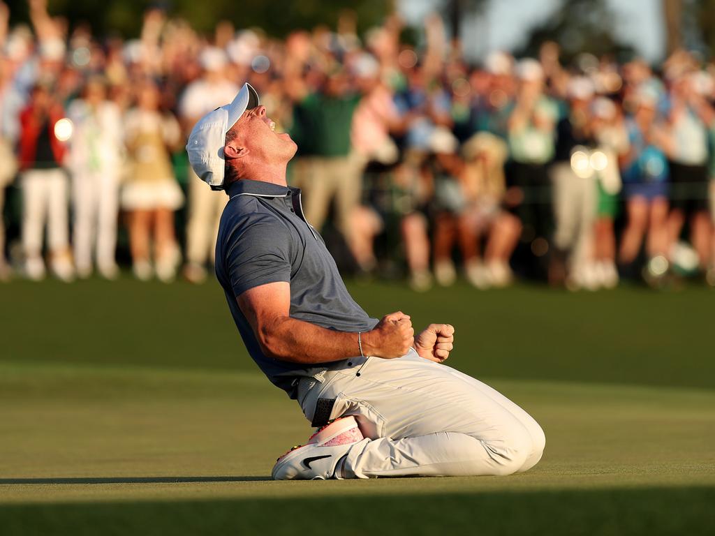 Rory McIlroy celebrates winning the 2025 Masters Tournament. Picture: Getty