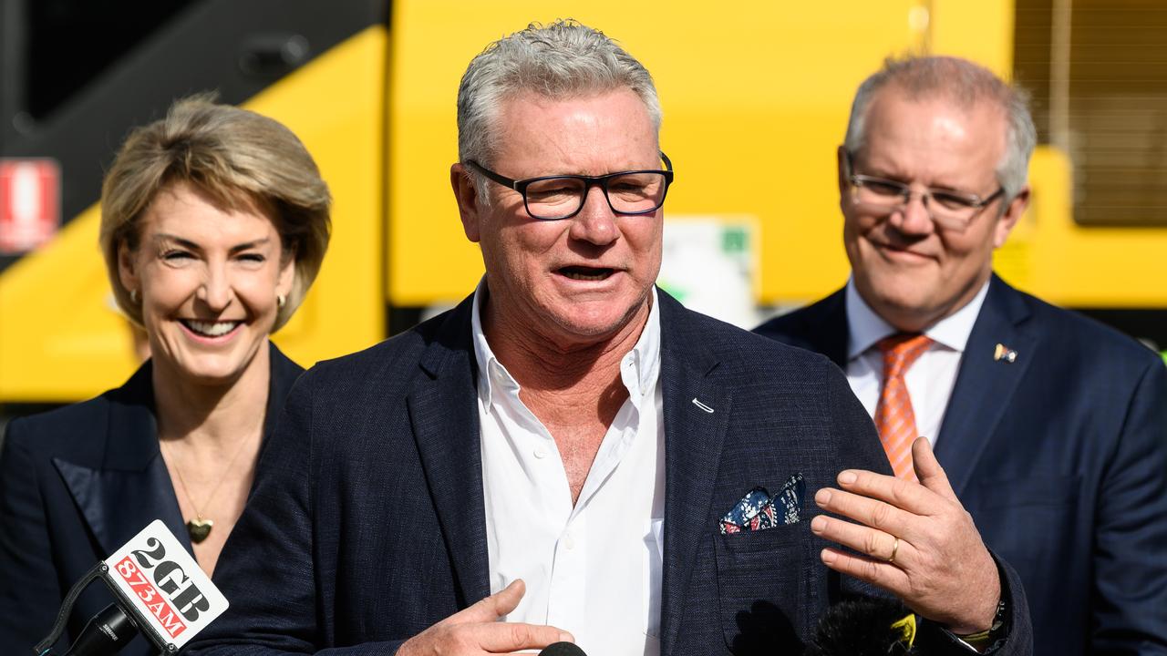 Scott Cam speaking to media alongside Minister for Employment, Skills, Small and Family Business Michaelia Cash and Prime Minister Scott Morrison. Picture: James Gourley/AAP