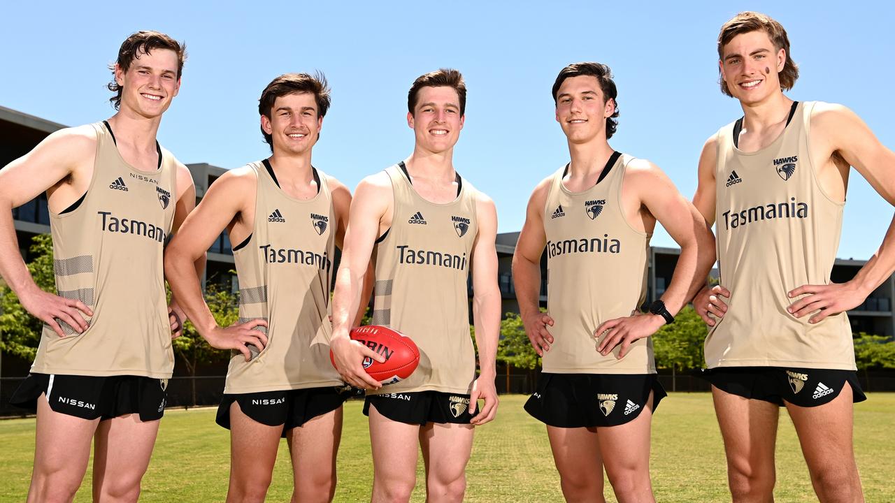 Hawthorn draftees Ned Long, Sam Butler, Josh Ward, Connor MacDonald and Jai Serong on day one. Picture: Quinn Rooney/Getty Images