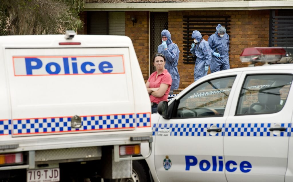 Police at a home in Newtown, Toowoomba, where a mother and her 12-year-old have been fatally stabbed. Picture: Nev Madsen