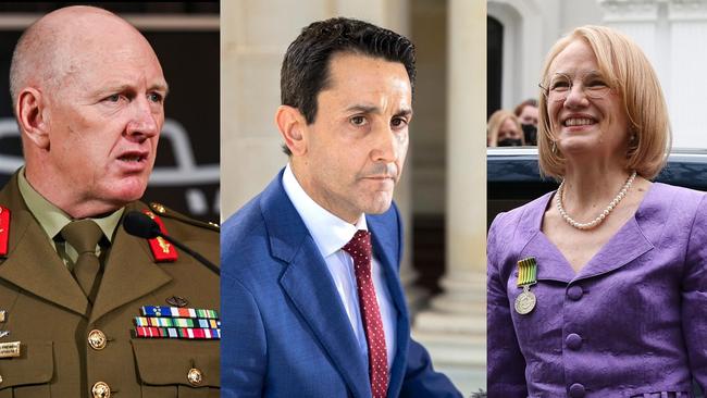 The hunt for the next Queensland governor is reportedly on. Left to right: Lieutenant General John Frewen, premier David Crisafulli and Governor of Queensland, Dr Jeannette Young.