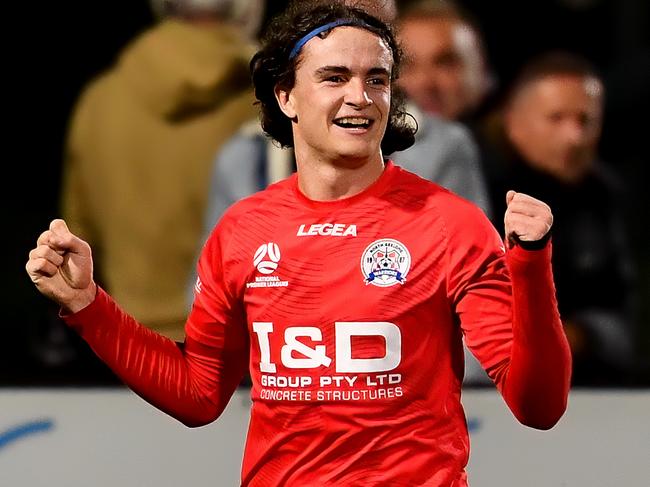 George Elliss of North Geelong celebrates scoring a goal during the round 10 NPL Victoria Men's match between Heidelberg United and North Geelong Warriors at Olympic Park in Heidelberg West, Victoria on April 21, 2023.