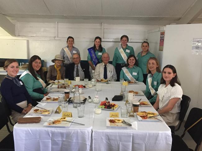 Lismore MP Janelle Saffin with Mickela Black, Josie McIntyre, Emma O'Brien, Jessica Stuart and Courtney Watt, society patrons and life members Jim Landers and Mac Fraser at the showgirls breakfast.