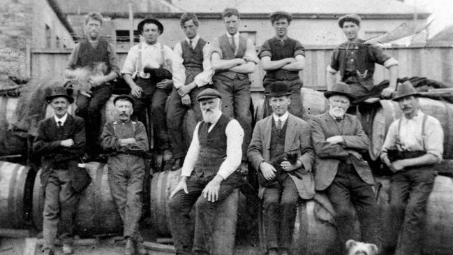 Tasmanian brewery workers in 1908 who featured in part five of a series on Hobart’s historic pubs and hotels titled Cheers! Hobart’s hotel culture is one of the oldest in Australia, and pubs have always been linked to the river city’s history.