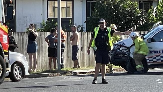 A ute has crashed into a police car in North Mackay in the late afternoon. Picture: Fergus Gregg