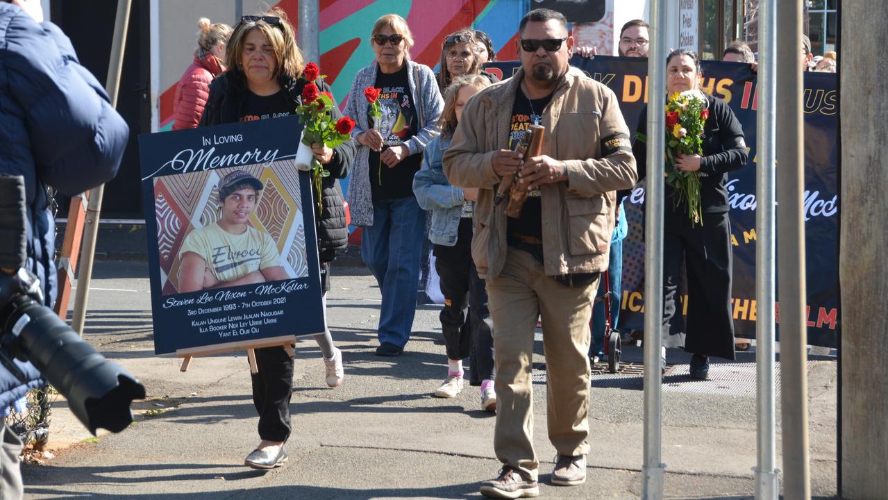 Saraeva Mitchell leading the procession to the Toowoomba Courthouse ahead of the Coronial Inquest into the death of her nephew Steven Lee Nixon McKellar. September 11, 2023.