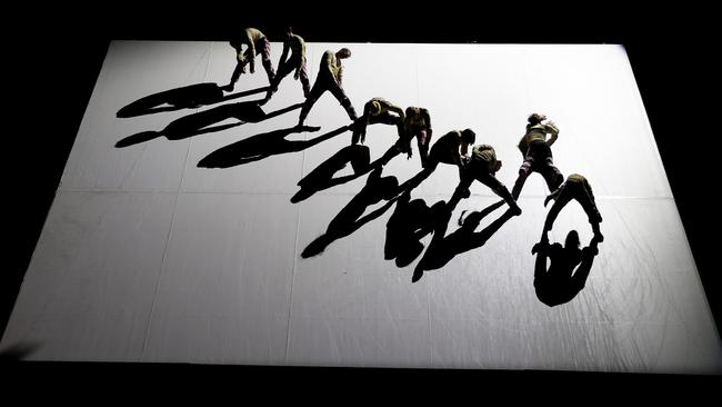 Dancers of GöteborgsOperans perform ‘Skid’ on a 32-degree slope at the Roslyn Packer Theatre, Sydney. Picture: Don Arnold/WireImage