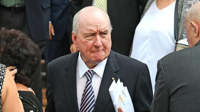 Alan Jones at the funeral of Billy J Smith on Friday. Picture: AAP Image/John Gass