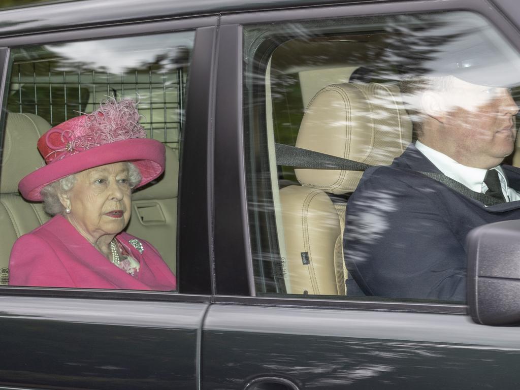 The Queen arrives in pink for Sunday church service at The Royal Chapel of All Saints in Windsor Great Park. Picture: Doug Seeburg/The Sun