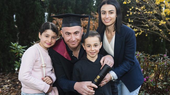 Bachelor of Engineering graduate Jason Carrozza with family (from left) Ziara, Isaac and Julianne Carrozza at a UniSQ graduation ceremony at The Empire, Tuesday, June 25, 2024. Picture: Kevin Farmer