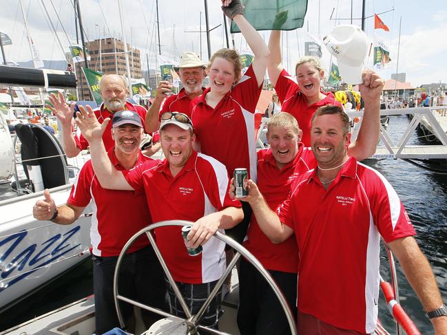 Natelle Two crew members, back from left, Lloyd Griffiths, Geoffrey Hobbs, skipper Laura Roper, and Ambi Ford; and front from left, Bruce Perry, Ashley Roper, Glenn Roper, and Matthew Conrades after the 2011 Sydney to Hobart Yacht Race.