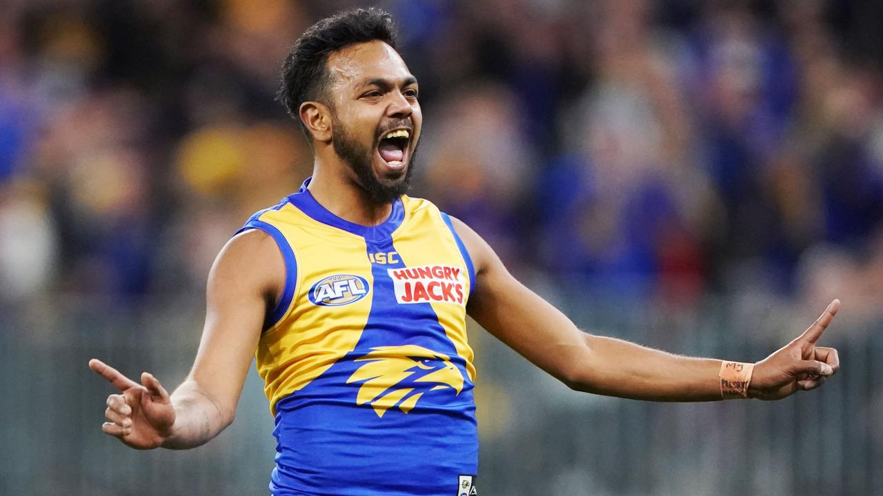 West Coast’s Willie Rioli celebrates a goal in the win over Essendon. (AAP Image/Michael Dodge)