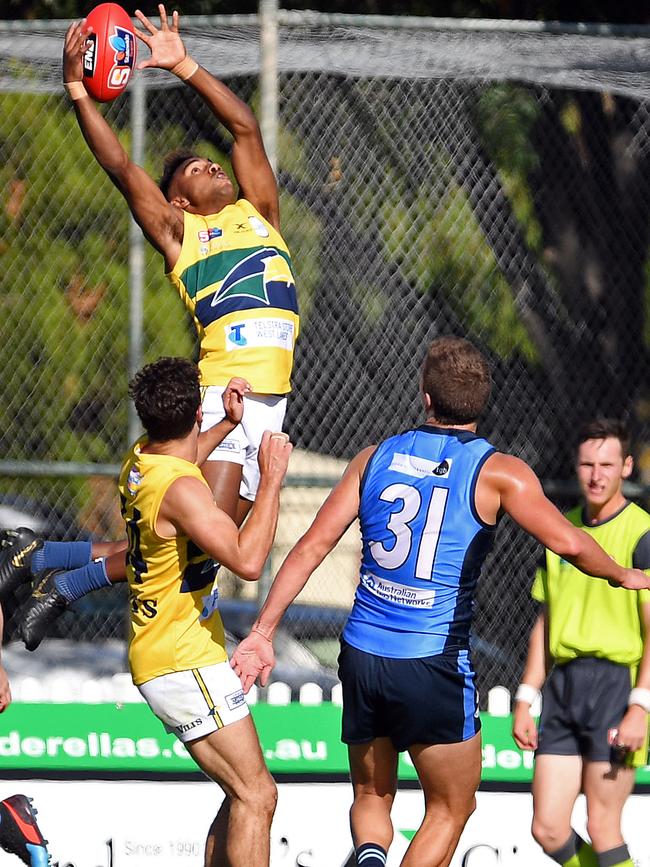 Kysaiah Pickett takes a screamer for Woodville-West Torrens. Picture: TOM HUNTLEY.