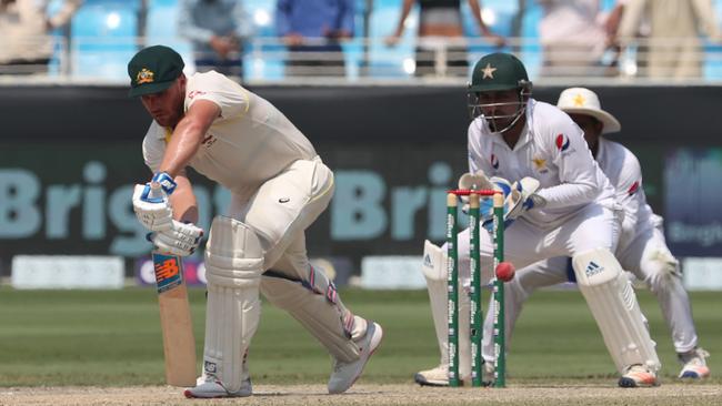 Australian opener Aaron Finch defends against Pakistan in Dubai in October. Picture: AFP