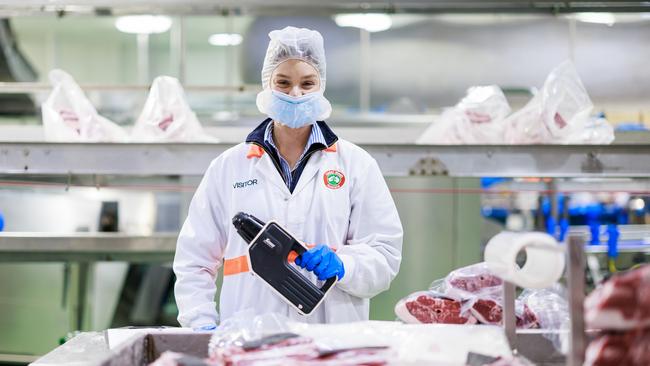 Sophie grading lamb at Cedar Meats in Brooklyn. Picture: Aaron Francis