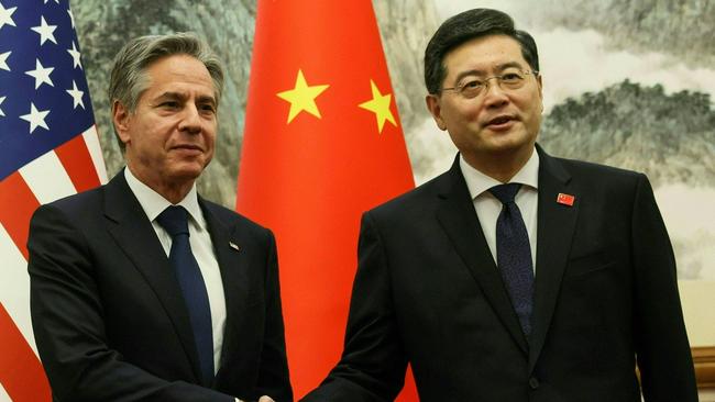 US Secretary of State Antony Blinken and China's Foreign Minister Qin Gang shake hands ahead of a meeting at the Diaoyutai State Guesthouse in Beijing. It was the first visit by an American cabinet-level official since 2019. Picture: AFP