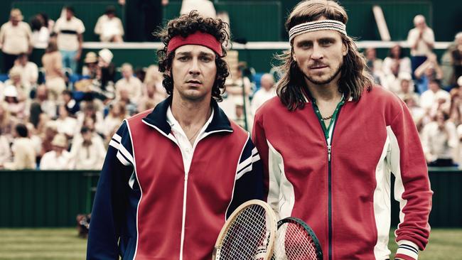 Shia LaBeouf, as John McEnroe, and Sverrir Gudnason, as Bjorn Borg, in a scene from film Borg vs McEnroe.