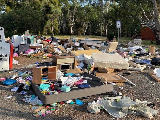 People are illegally dumping rubbish at former flood waste collection sites in Mooroopna, like the local town hall. Picture: Supplied.